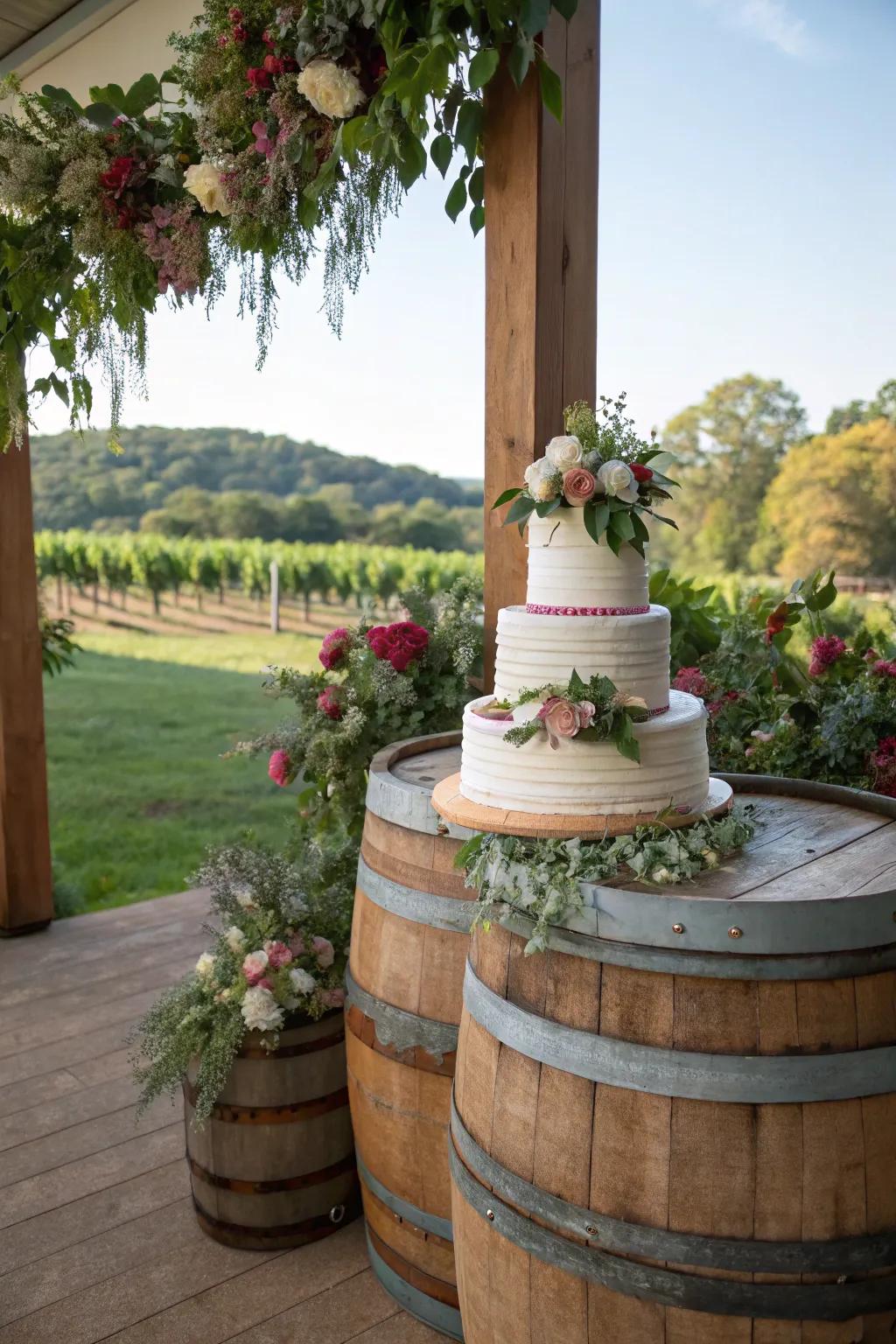 Timbered barrels introducing a country-style charm to the wedding cake display.