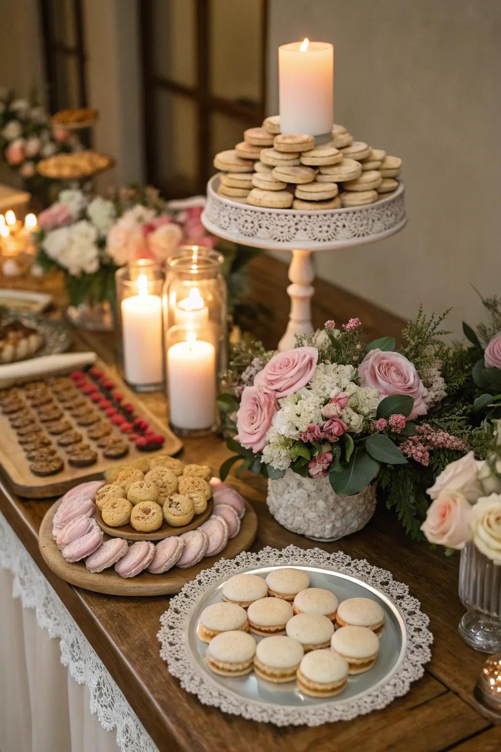Lights establish a cozy ambiance on a wedding pastry station.