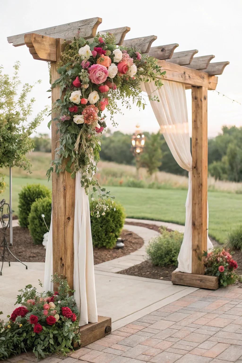 A DIY ceremony arch crafted from reprocessed lumber and adorned with rich florals.