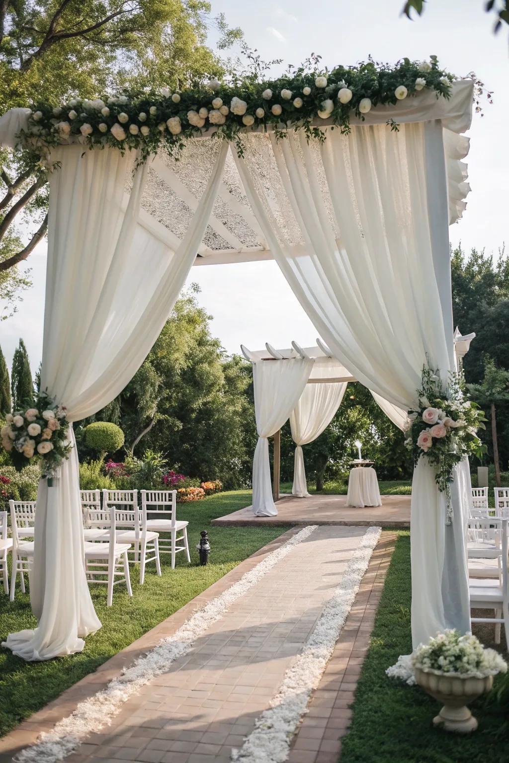 Craft an stylish outdoor setting with fabric creating a tent illusion.
