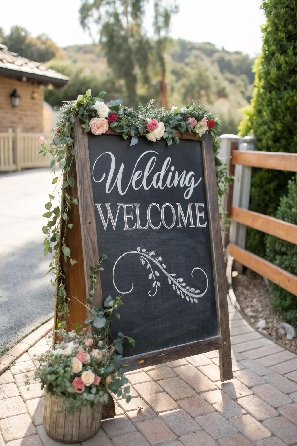 A classic blackboard welcome board decorated with flower wreaths, creating a timeless look.