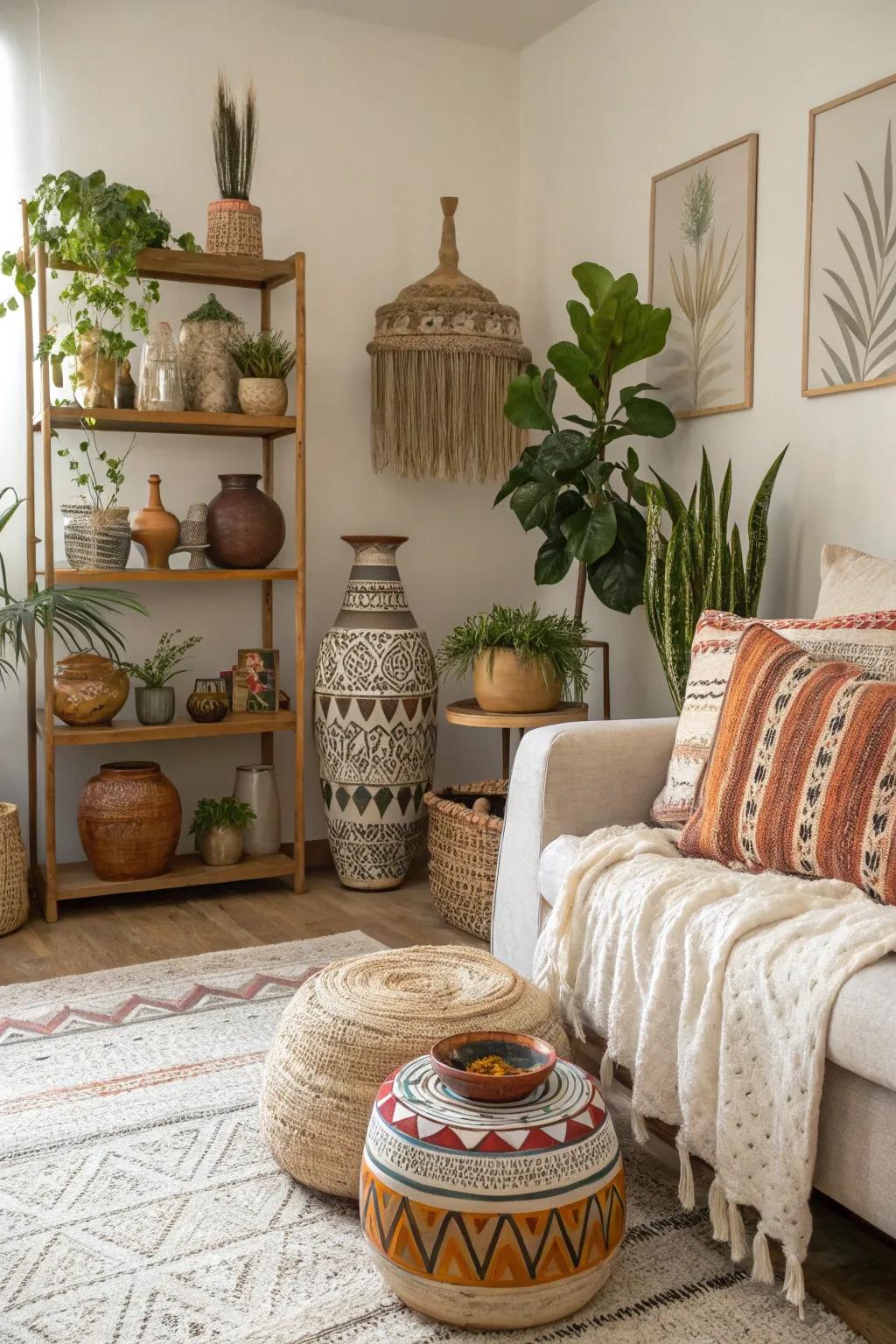 Boho decor featuring ornamental vases and pottery.