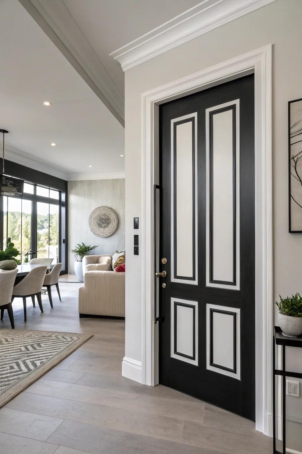 Ebony and ivory doors create a striking modern contrast.