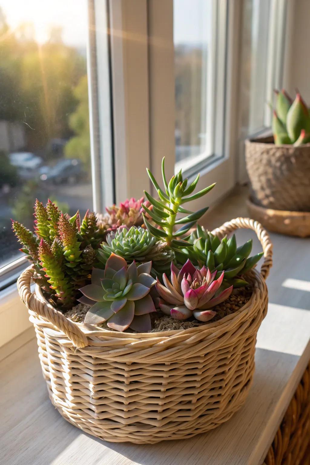 Succulents create a charming and verdant addition to any space when arranged in a basket.