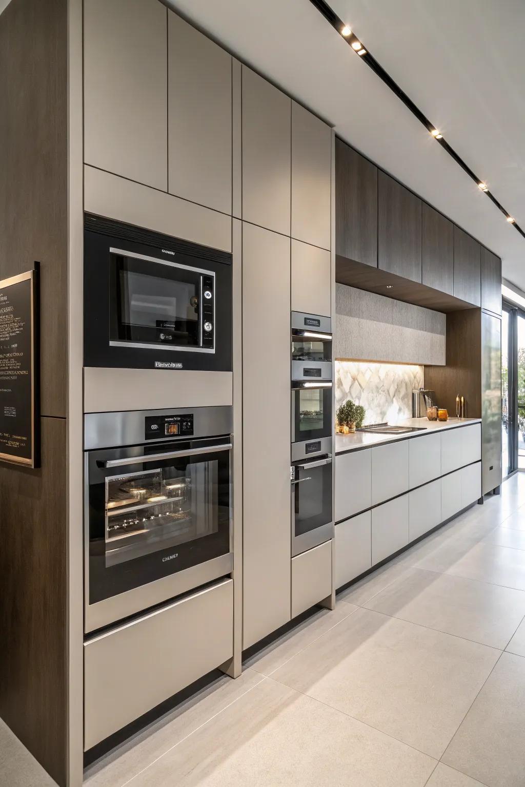 An appliance wall with an integrated wave cooker creates a sleek and cohesive kitchen.
