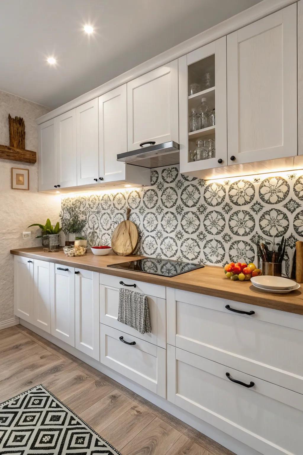 A geometrical splashback that contributes a distinctive architectural touch to the kitchen.