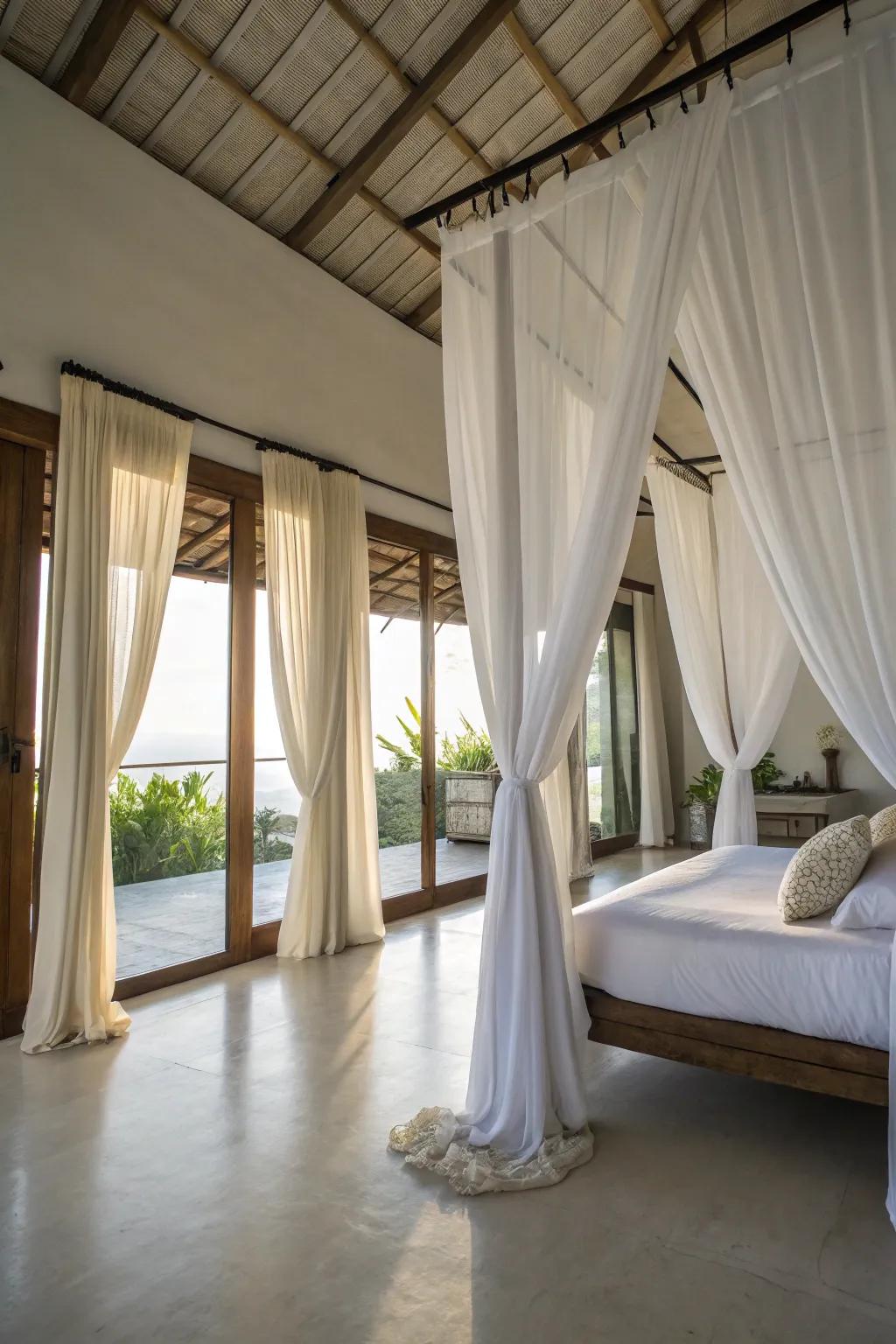 Lengthy ivory drapes fashion a dramatic, altitude-elevating consequence.