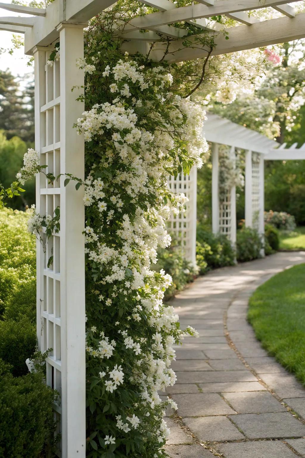 A theatric pale support presents climbing plants beautifully.