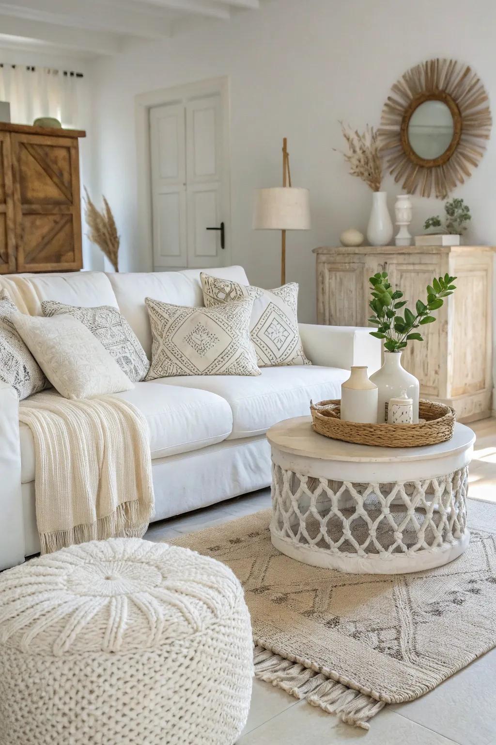 Layering shades of white crafts a sophisticated monochromatic appearance.