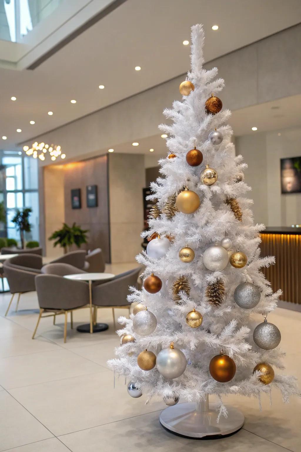 A modern metallic-themed white pencil tree using mixed metal decorations.