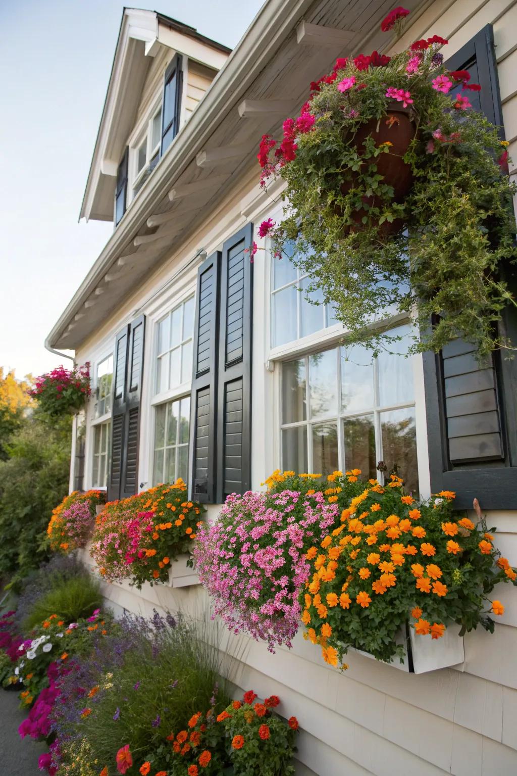 Wildflower window boxes adding charm to any home’s facade.