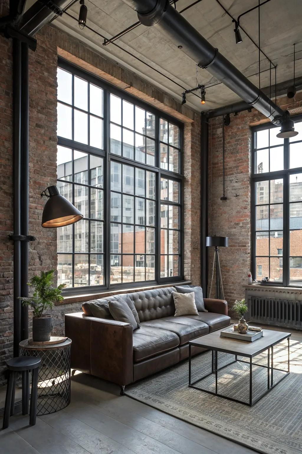 Steel-framed windows offer an industrial chic vibe.