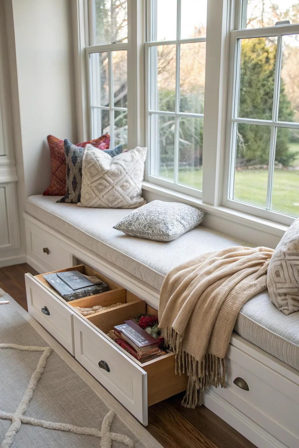 A window seat includes secret drawers to keep the area tidy.