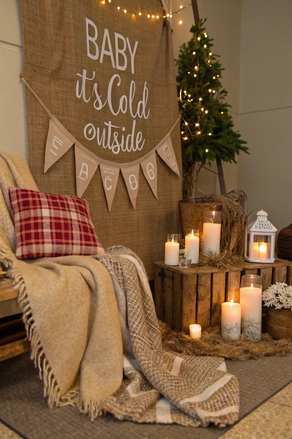 A snug Infant, It's Frigid Externally aesthetic featuring countryside rough-spun decorations.