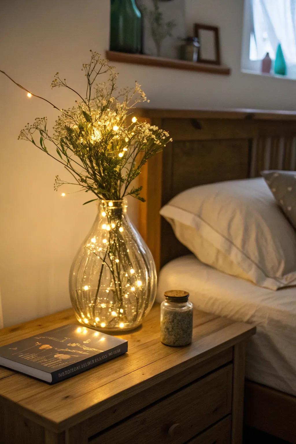 Fairy lights in a vase produce a magical and comfortable atmosphere.