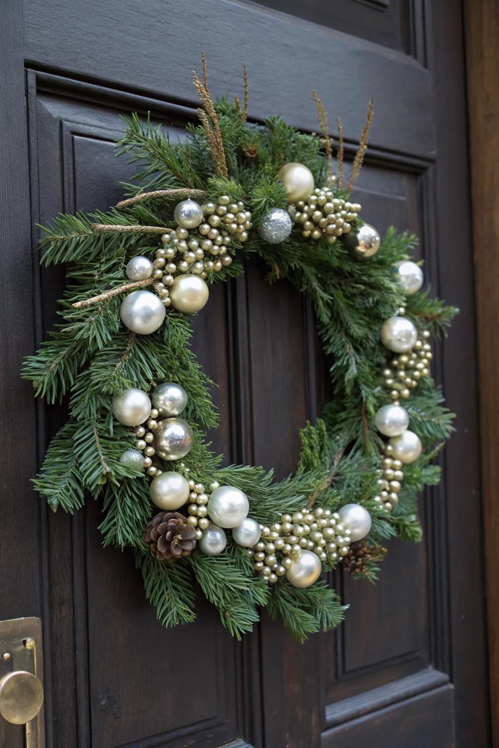 Pearls and evergreen sprigs bring elegance and shimmer to this wreath.