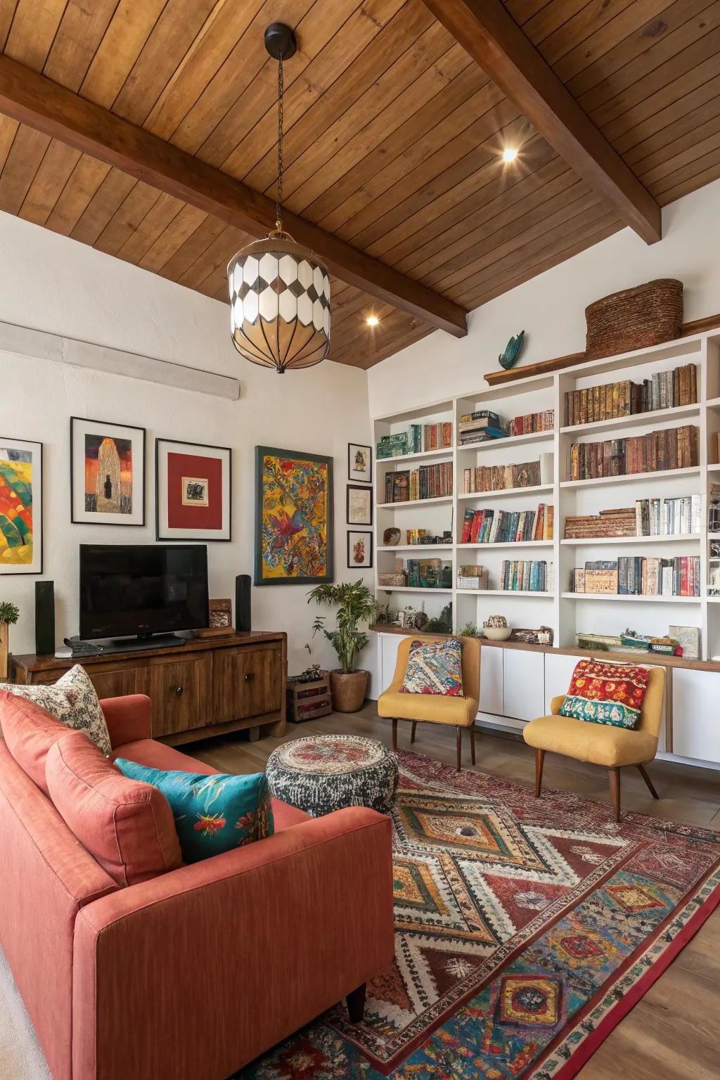 Mixed timber tones add depth and personality.