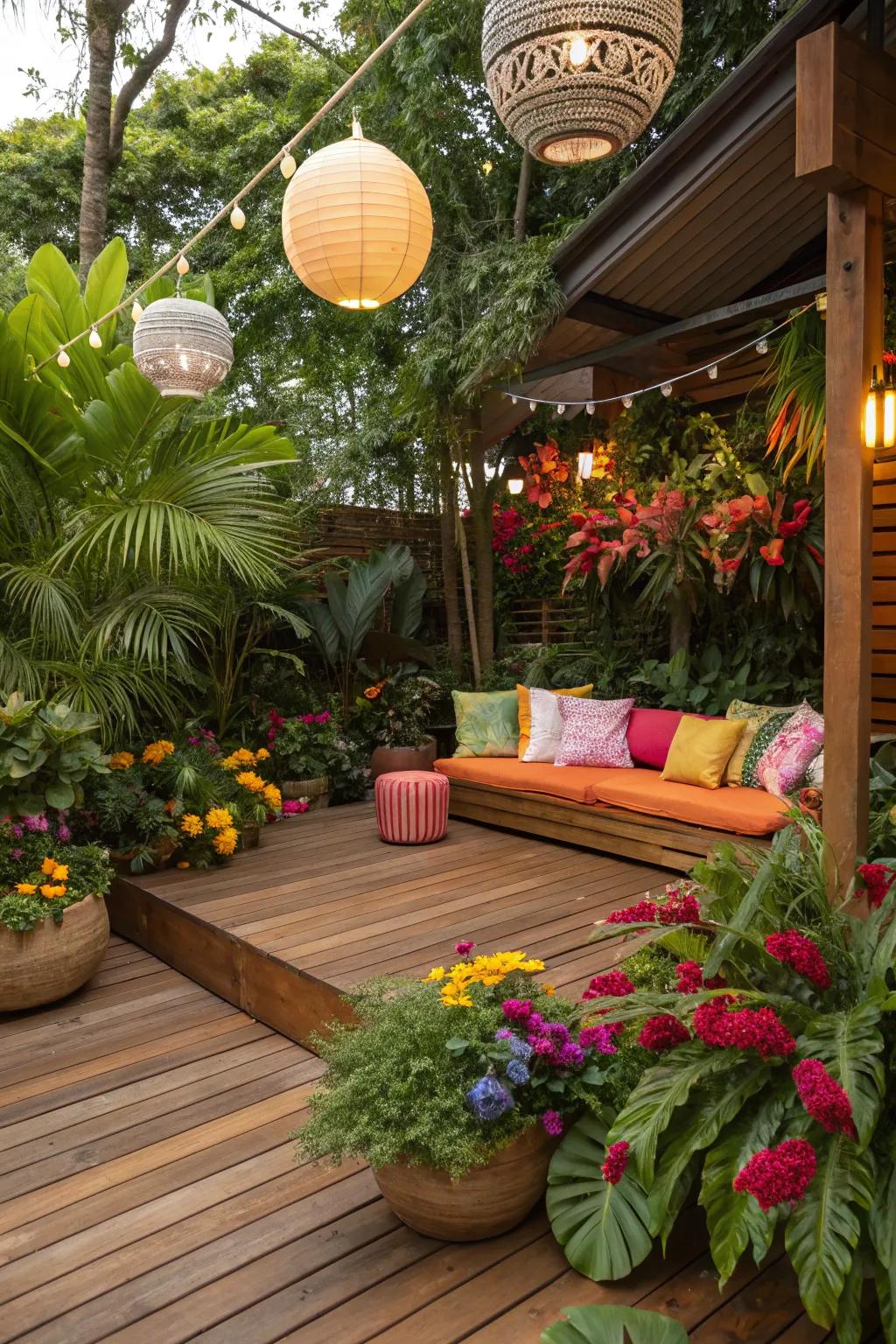A tropical-themed deck offers an exotic escape right at home.