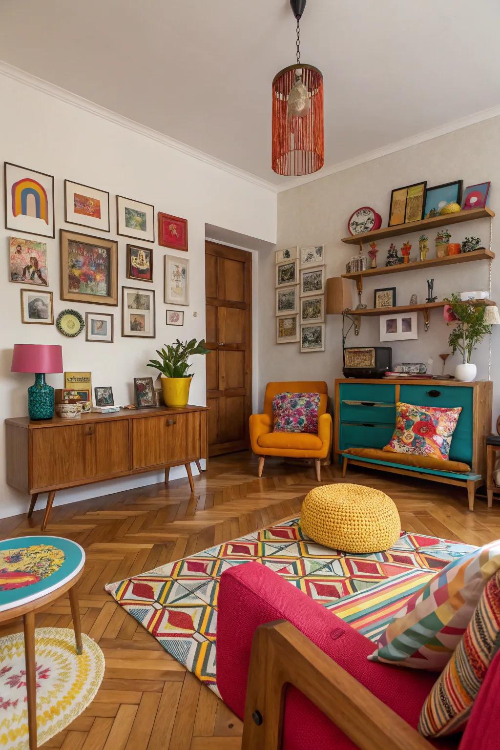 Eclectic room featuring lively blended timber tone flooring.