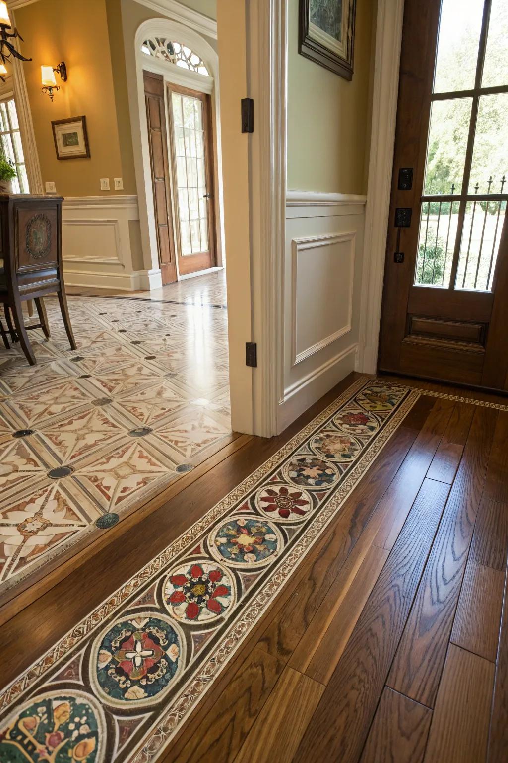An elegant entryway displaying a tiled area transitioning to wooden flooring.