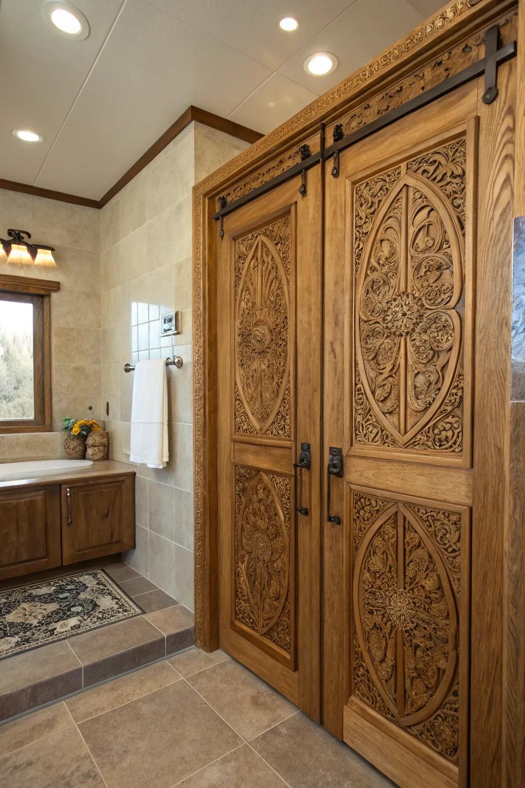 Custom etchings add a personal and artistic touch to shower entrances.