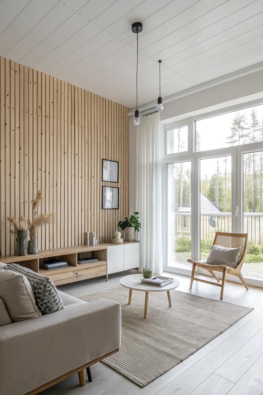 Achieve tranquility through Scandinavian-inspired timber strips.