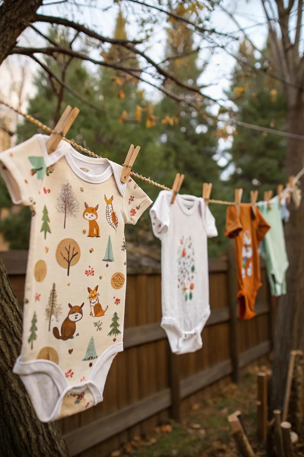 Woodland-themed onesies on a clothesline add an adorable touch.