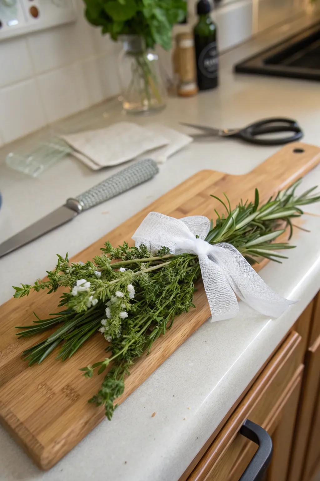 Fragrant wrist adornment featuring fresh garden spices.