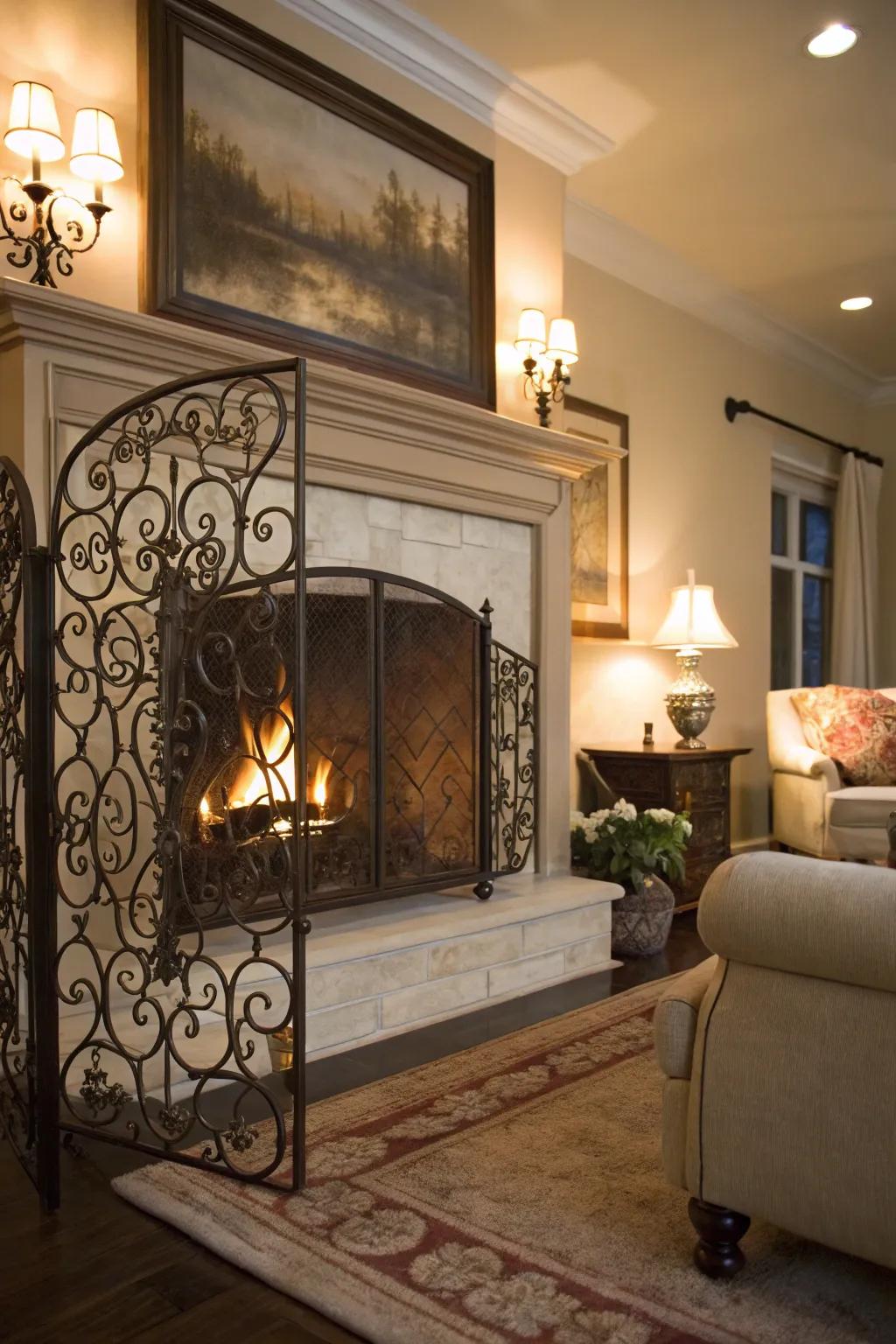 The fireplace is made more elegant by a metal screen.