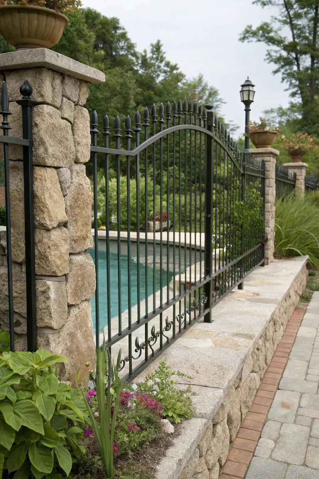Textured veneers on the fashioned iron barricade replicate natural constituents.