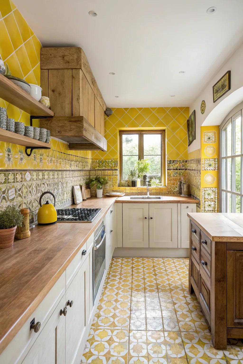 A varied combination of yellow tiles fashions a standout backsplash.