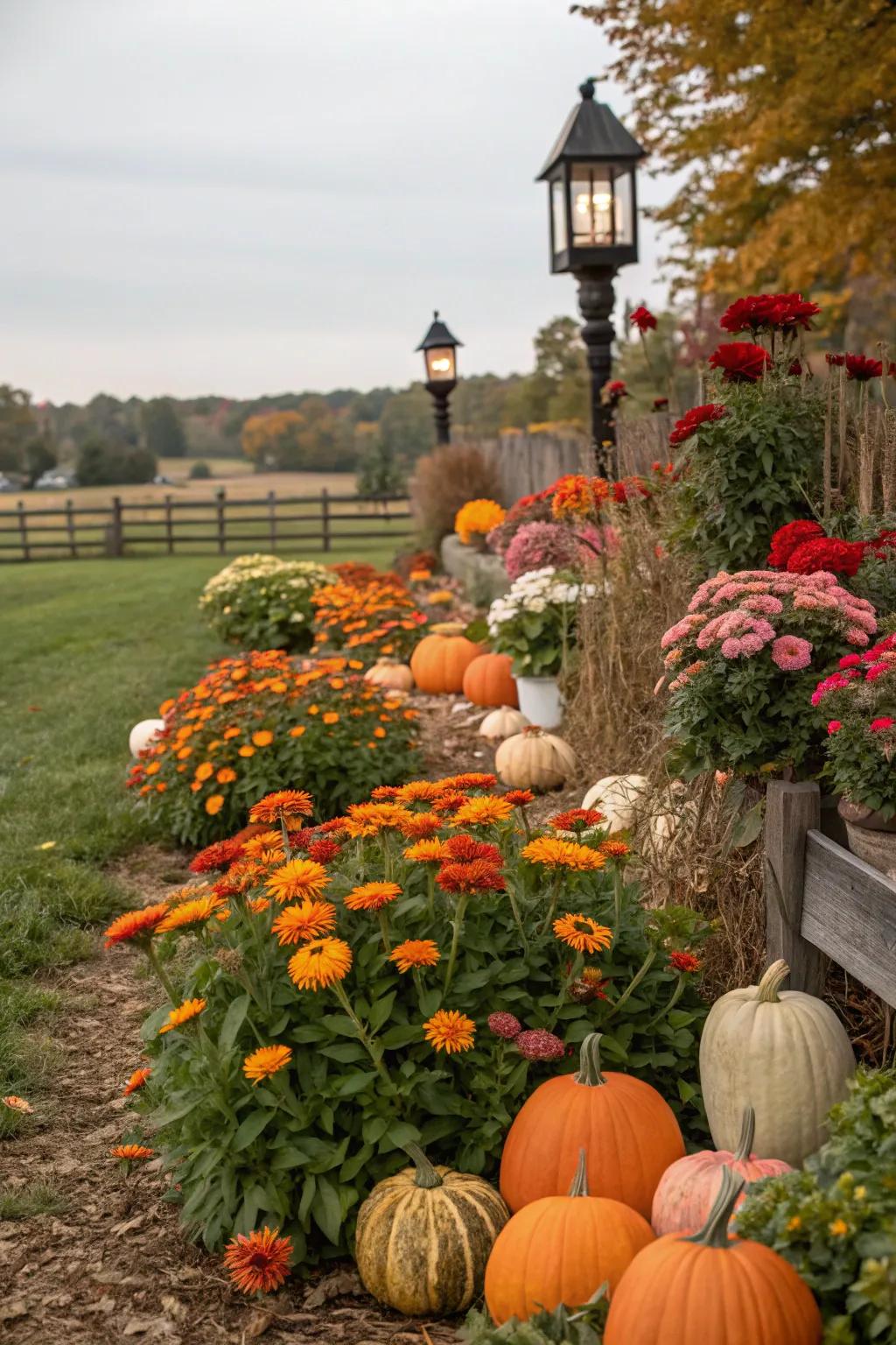 Seasonal charm in a blossify garden with gourds and lanterns.