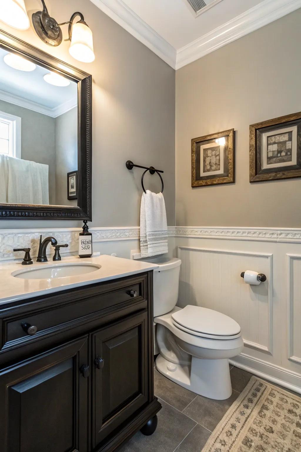 Dim fittings fashion contrast in this light-filled powder room.