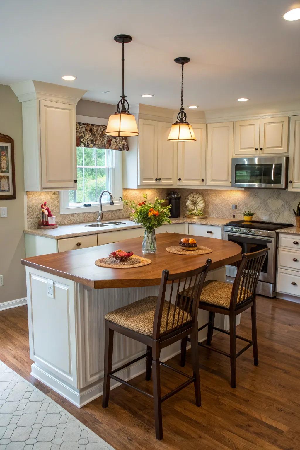 A breakfast corner adds charm and practicality to the island.