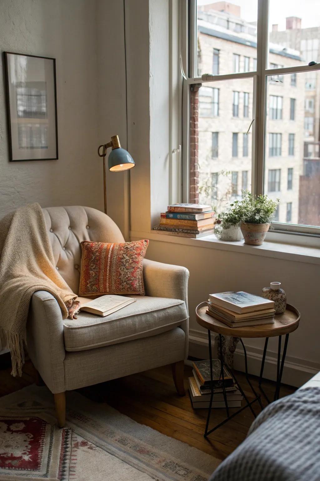 A reading corner grants a tranquil retreat within your bustling studio apartment.