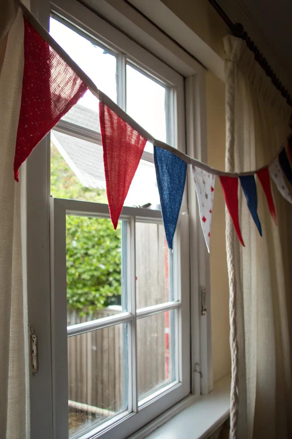 Handmade fabric bunting adds charm to windows and walls.