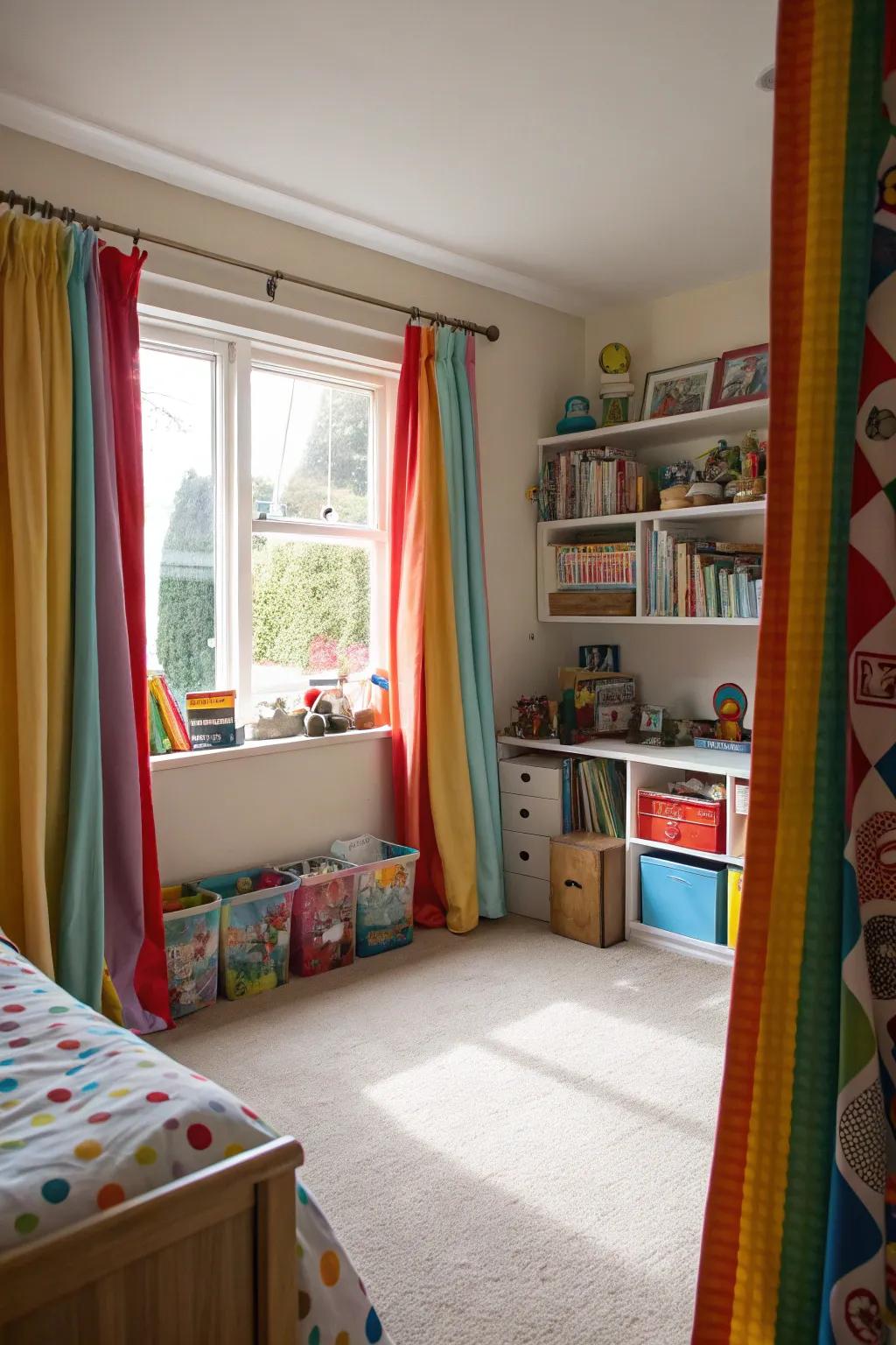 A vibrant touch with bold, eye-catching curtains.