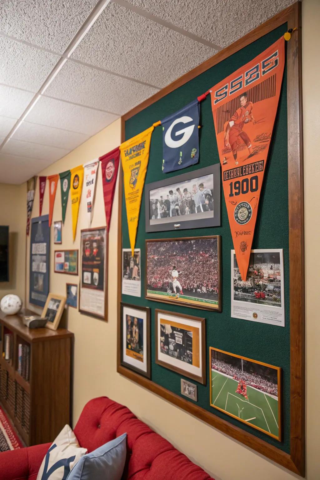 80s athletic memorabilia on a bulletin board in a sports-themed room.