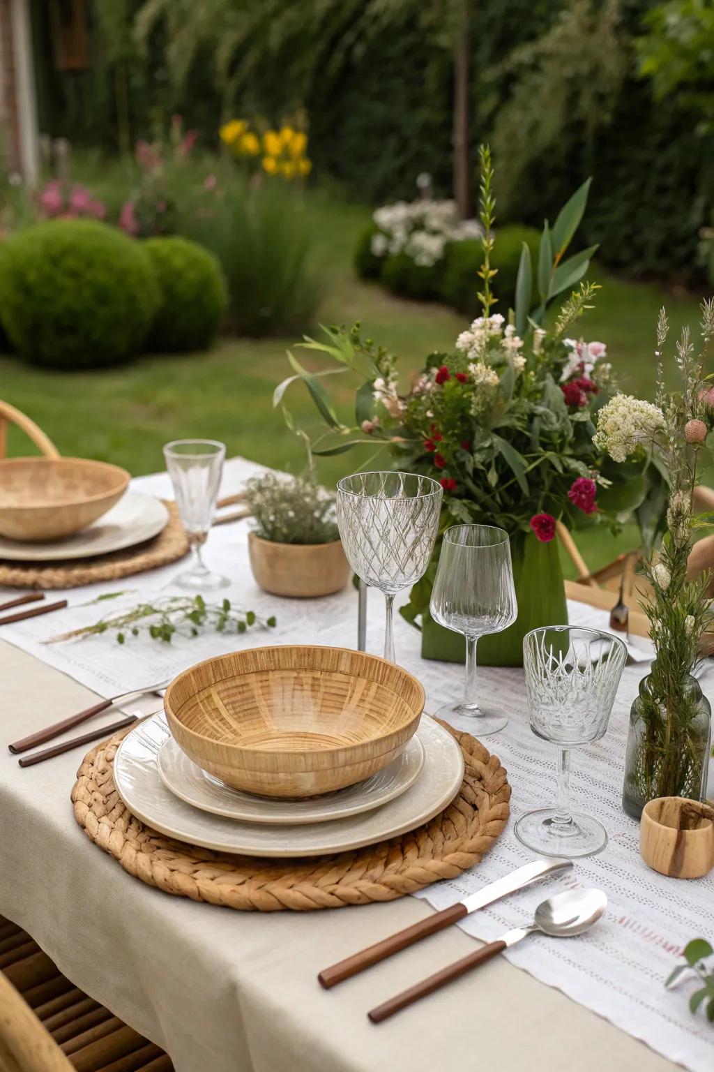 A sustainable garden party is enhanced by environmentally friendly dinnerware.