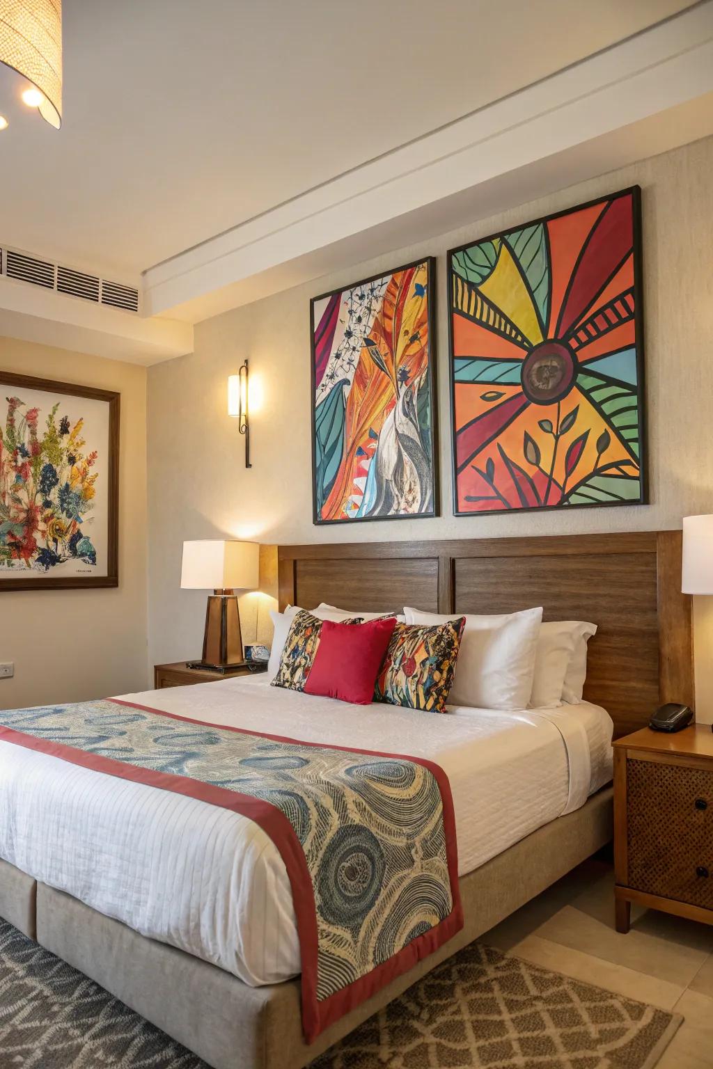 Vibrant abstract art brightens the space above the bed.