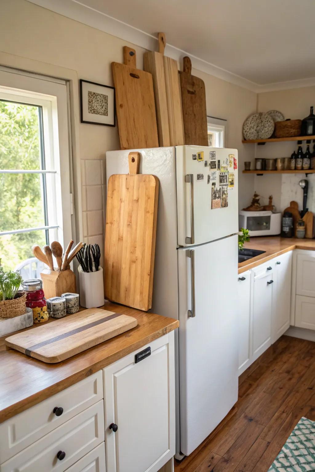 Upright storage keeps cutting boards organized and accessible.