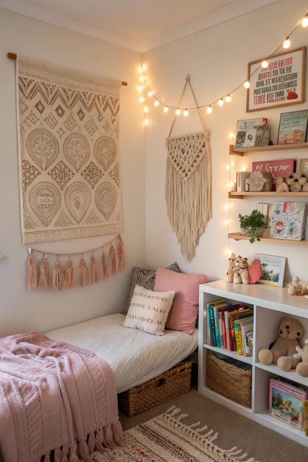Handcrafted wall decorations bringing cultural influences to the room.