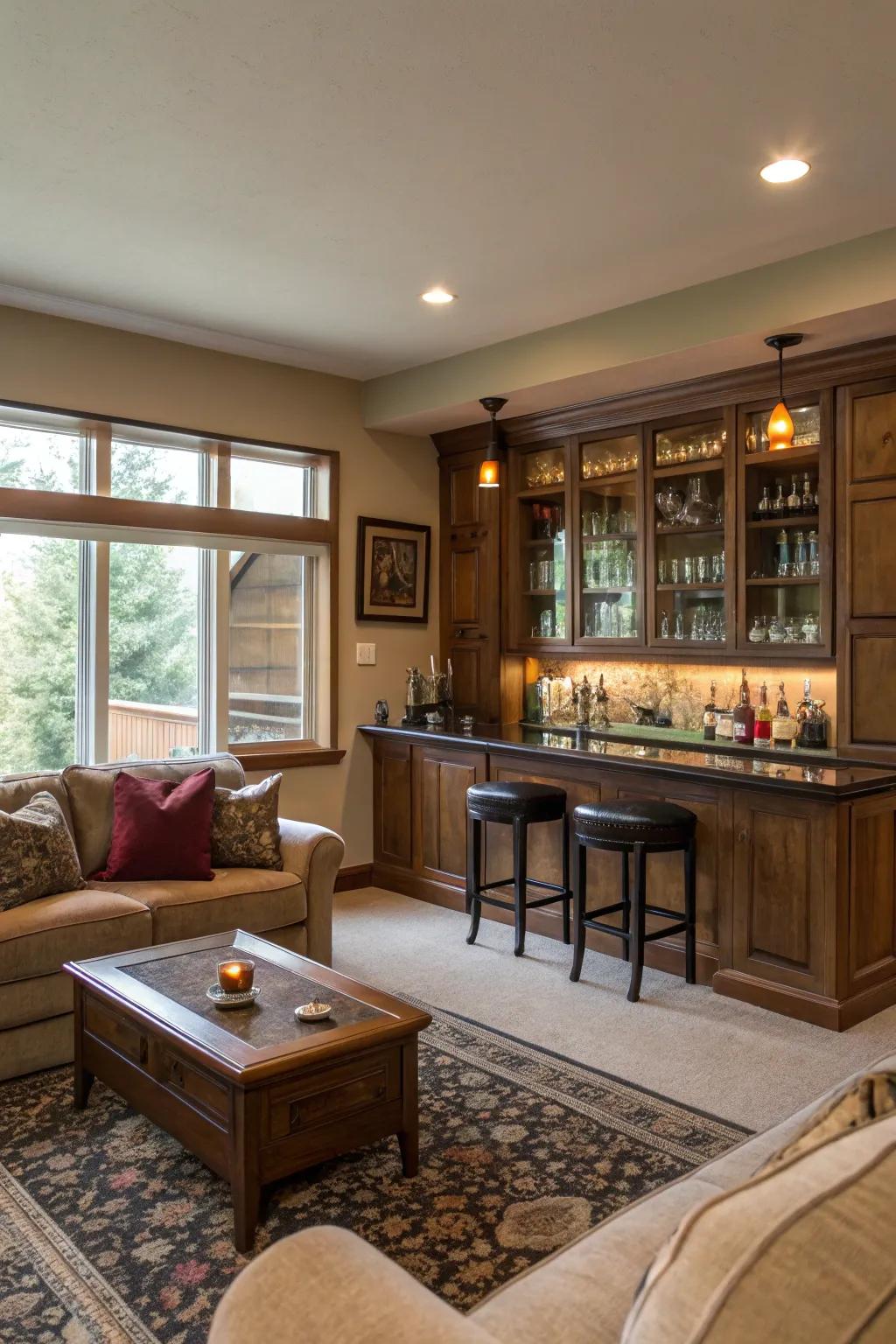 A living room enhanced with a chic home bar.