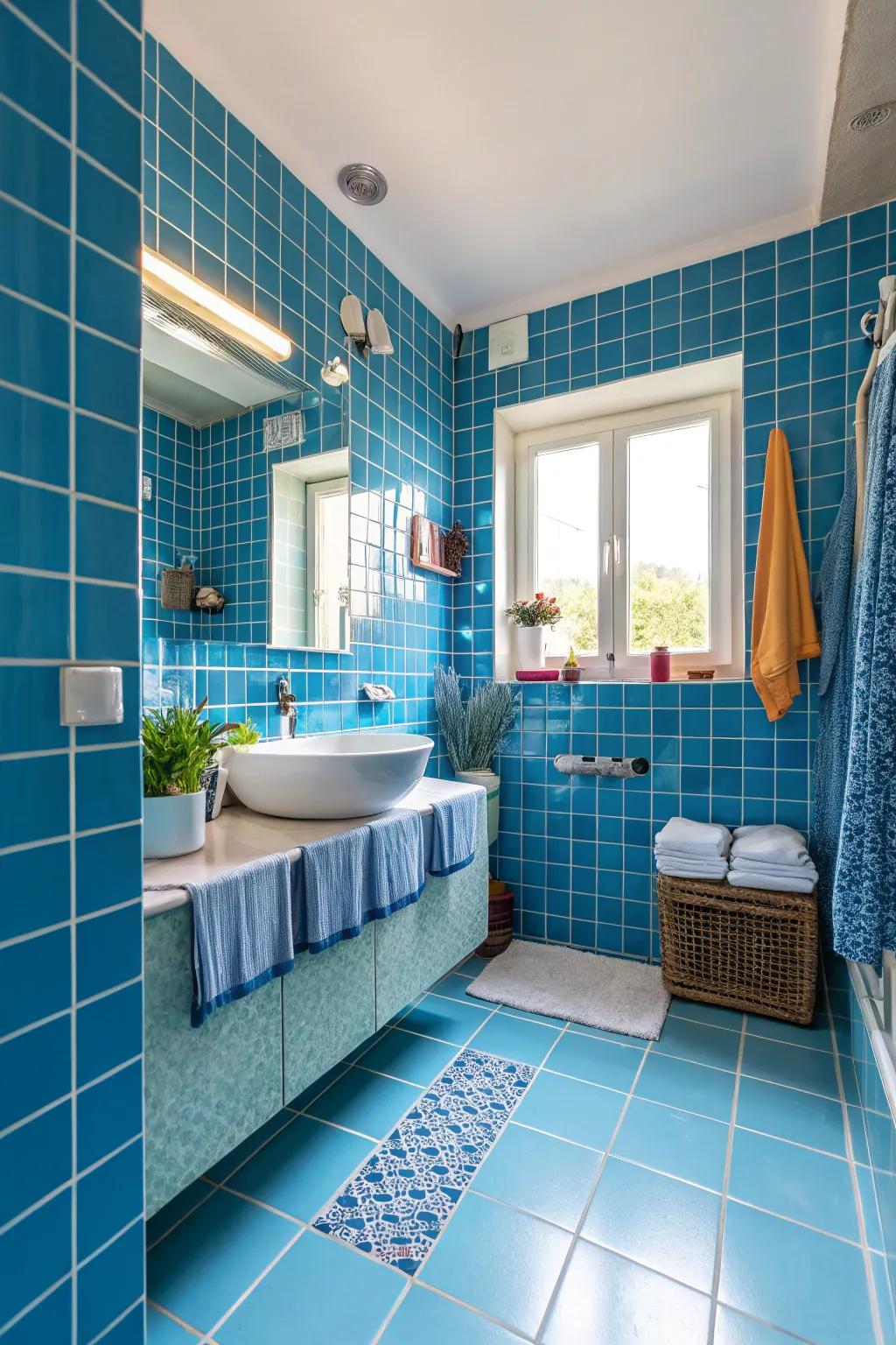 Tinted tiles infuse a spirited and cheerful vibe.