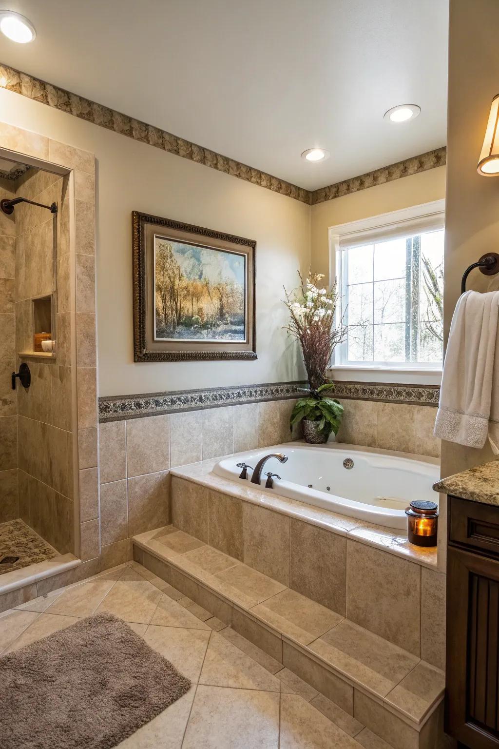 Express yourself by incorporating artwork into your bathroom decor.