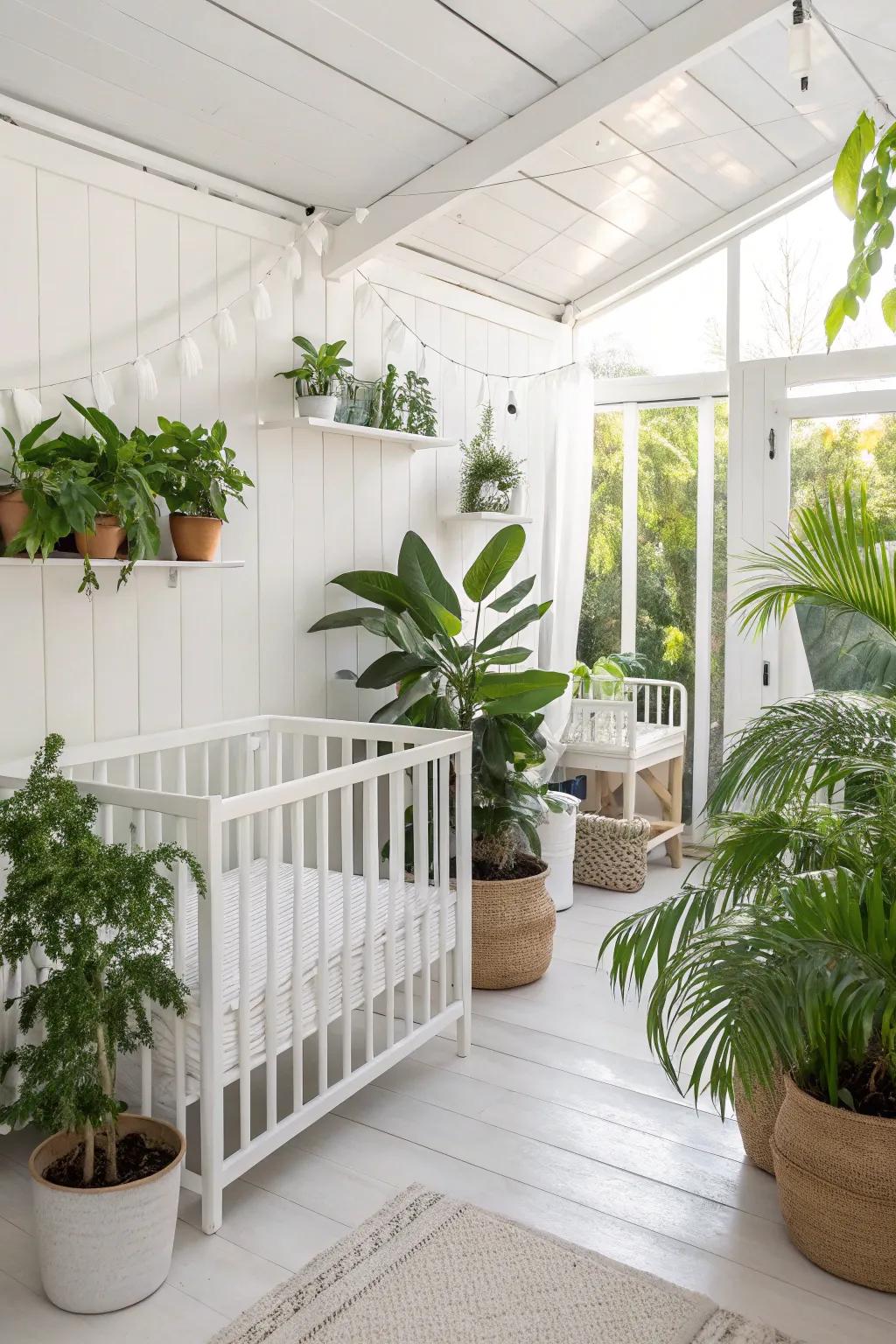 Life is brought to a serene, white nursery using organic elements.