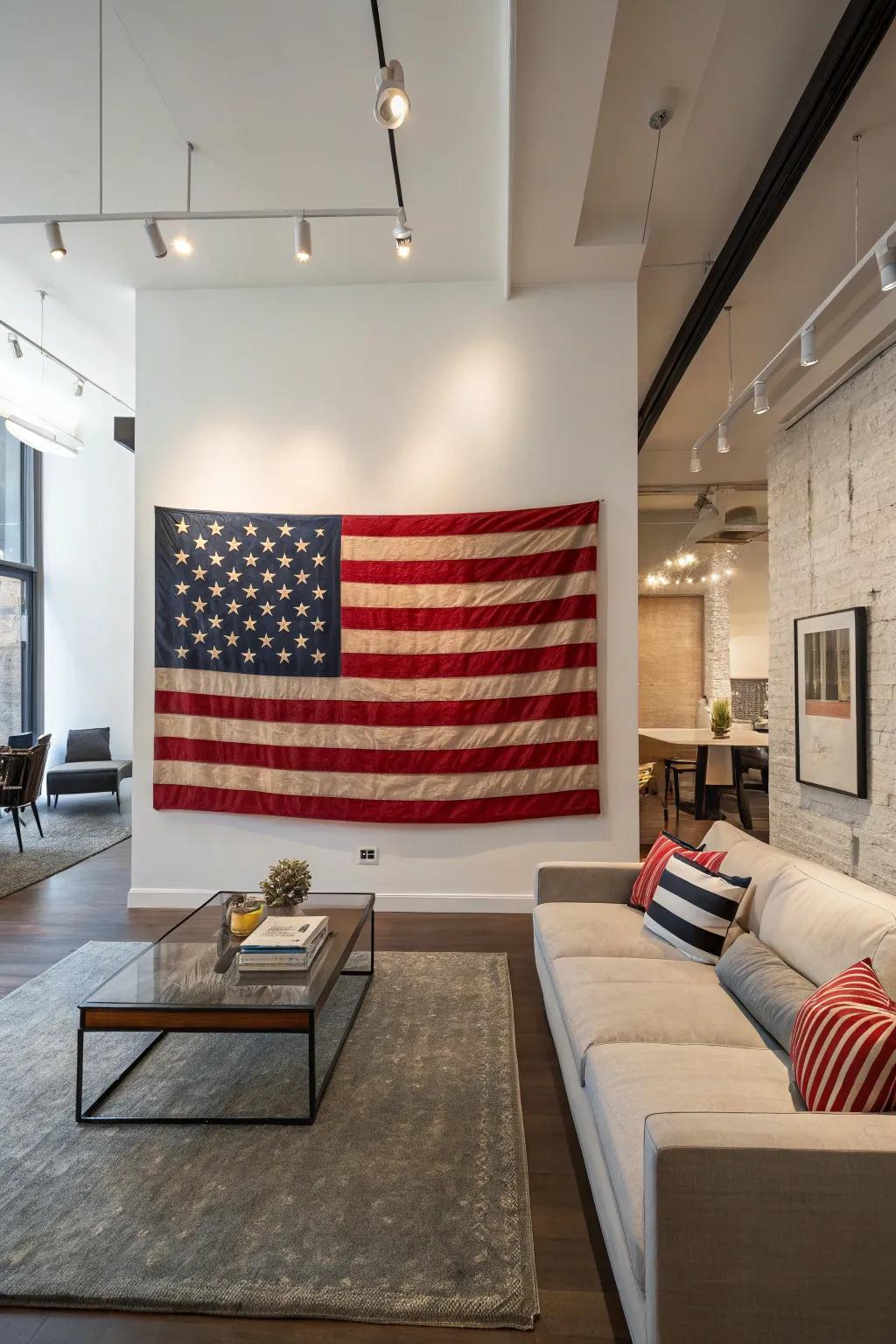 Distinct flag art enhances a creative flair to this contemporary space.