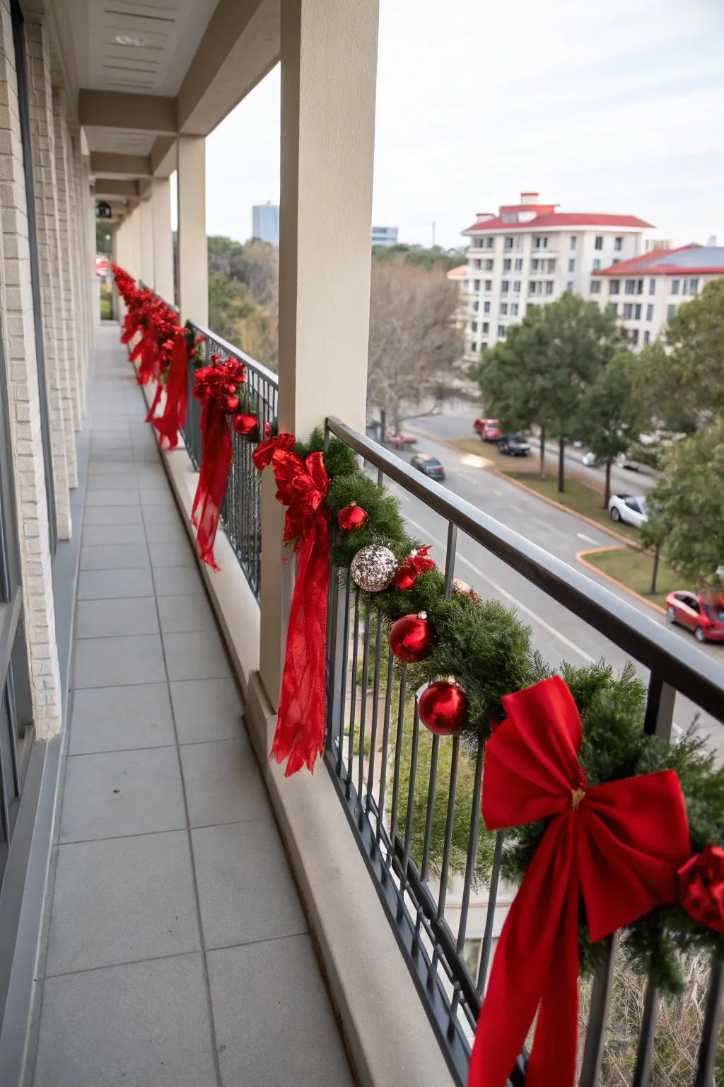 Crimson accents append a traditional Yuletide nuance to this terrace.