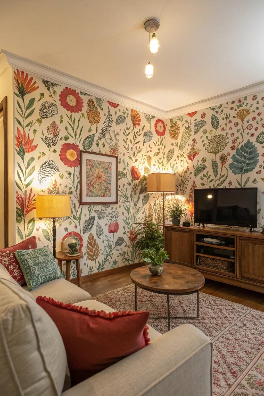 This rental-friendly living area has bags of personality thanks to vibrant removable wallpaper.