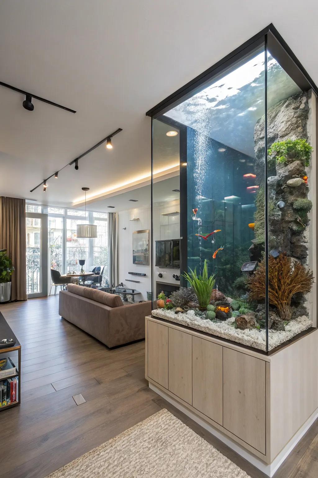 An aquarium partitioning wall elegantly segments space.